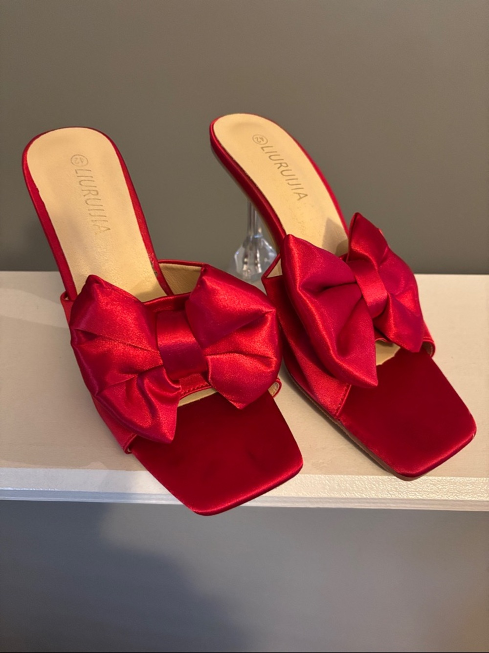 Lurujia Red Satin Bow Slide Mules